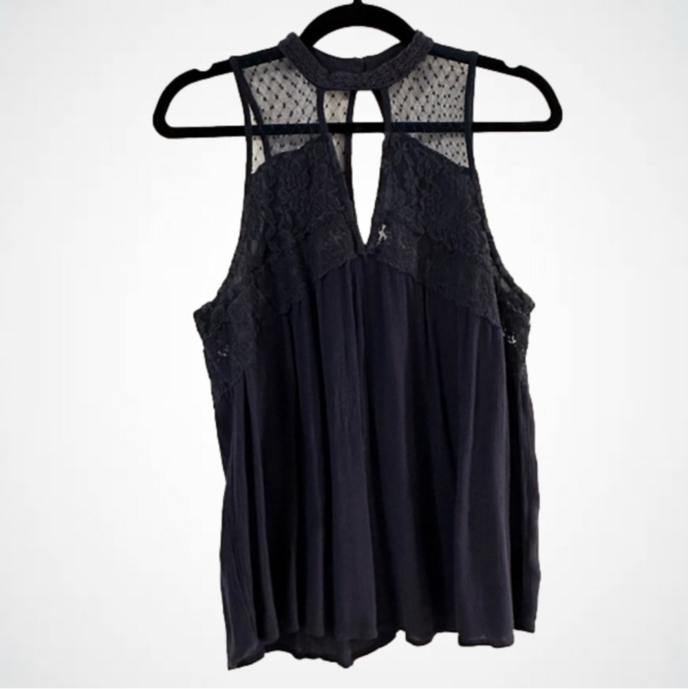 AE blouse with lace details and keyhole cutouts